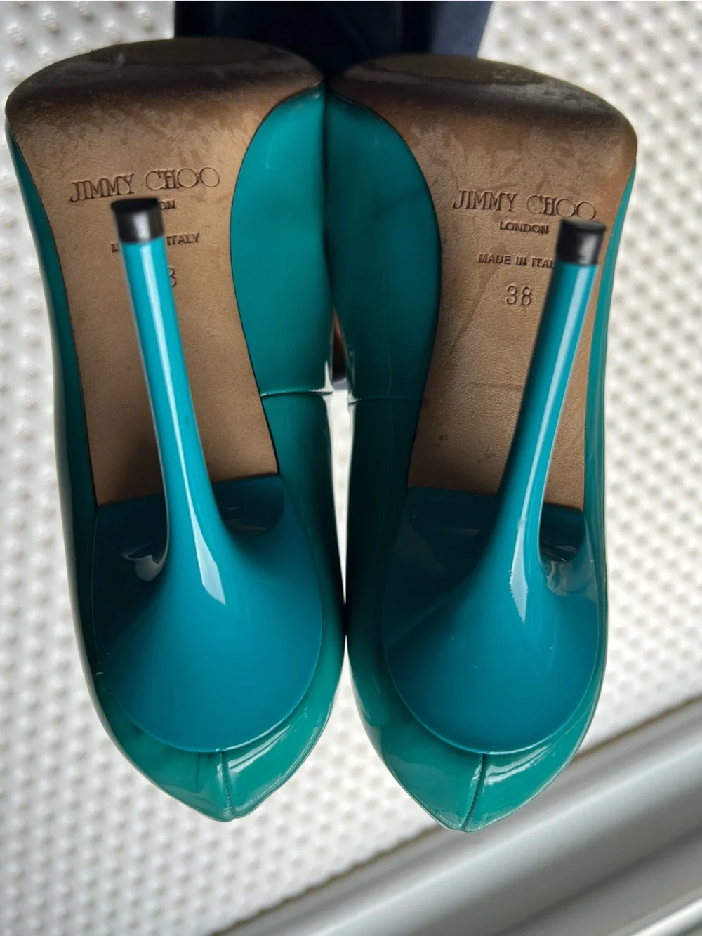 Jimmy Choo Anouk 120 Azora Turquoise Patent Leather Pumps IT 38 US 8